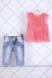 Babyhola 1-8 Yaş Şık Kız Çocuk Önden Fırfırlı Kot Kaprili Takım 3123 thumbnail 5