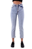 Düğme Detaylı ve Yüksek Belli Cepli Astarsız Mom Kadın Kot Pantolon Kar Açık Mavi Denim Dört Mevsim  - 2
