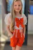 Kız Çocuk Kare Yaka Transparan Detaylı Turuncu Şortlu Takım thumbnail 2