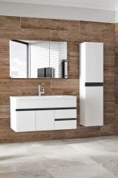 Esen Beyaz-Siyah (100+35) 135 Cm Boy Dolaplı Lavabolu Banyo Dolabı Takımı-MDF-HAZIR KURULU - 1