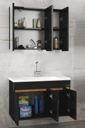Alfa Banyo Viola3-S Siyah 100 cm MDF-Aynalı Seramik Lavabolu Banyo Dolabı Takımı thumbnail 2