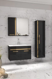 Yeni Gold SİYAH (65+35) 100 Cm Boy Dolaplı lavabolu banyo dolabı Takımı--HAZIR KURULU - 1
