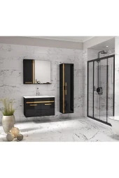 Yeni Gold SİYAH (65+35) 100 Cm Boy Dolaplı lavabolu banyo dolabı Takımı--HAZIR KURULU - 4