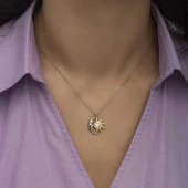 925 Ayar Gümüş Opal Beyaz Taşlı Ay Güneş Kadın Kolye thumbnail 2