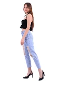Önü Yırtıklı  Detaylı  Yüksek Belli Cepli ve Astarsız Mom Fit Kadın Kot Pantolon Buz Mavisi Denim  - 6
