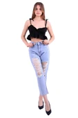 Önü Yırtıklı  Detaylı  Yüksek Belli Cepli ve Astarsız Mom Fit Kadın Kot Pantolon Buz Mavisi Denim  - 5