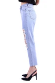Önü Yırtıklı  Detaylı  Yüksek Belli Cepli ve Astarsız Mom Fit Kadın Kot Pantolon Buz Mavisi Denim  - 3