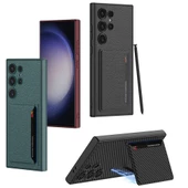 Vendas Samsung Galaxy S24 Ultra Suni Deri Arka Yüzey Sürgülü Kamera Korumalı Zore Kartlıklı Kıpta Silikon Kapak - 12