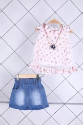 Babyhola 2-5 Yaş Kolyeli Bluz Kot Şort Yazlık Şık Kız Çocuk Bayramlık Takım 10081 thumbnail 1