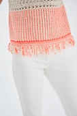 Peraluna KIYO BLOUSE Püskül Detaylı Kolsuz Yazlık Kadın Triko Bluz - Bej/Neon Turuncu - 5