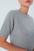 Peraluna NICOLE BLOUSE Saç Örgülü Kısa Kollu Kaşmirli Kadın Triko Bluz - Gri Melanj thumbnail 5