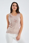 Peraluna Yazlık İnce Pul İşlemeli Kadın Triko Bluz - Bej thumbnail 2
