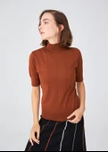 Peraluna BETTY BLOUSE Balıkçı Yaka Kısa Kollu İnce Basic Kadın Triko Bluz - Kahve - 3