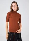 Peraluna BETTY BLOUSE Balıkçı Yaka Kısa Kollu İnce Basic Kadın Triko Bluz - Kahve - 2