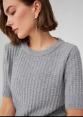 Peraluna Bisiklet Yaka Yarım Kol Kaşmir Karışım Kadın Triko Bluz - Gri Melanj thumbnail 4