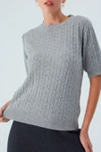 Peraluna NICOLE BLOUSE Saç Örgülü Kısa Kollu Kaşmirli Kadın Triko Bluz - Gri Melanj thumbnail 4