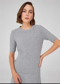 Peraluna Bisiklet Yaka Yarım Kol Kaşmir Karışım Kadın Triko Bluz - Gri Melanj thumbnail 2