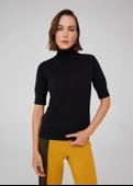 Peraluna BETTY BLOUSE Balıkçı Yaka Kısa Kollu İnce Basic Kadın Triko Bluz - Siyah thumbnail 5