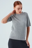 Peraluna NICOLE BLOUSE Saç Örgülü Kısa Kollu Kaşmirli Kadın Triko Bluz - Gri Melanj thumbnail 7