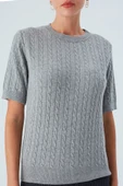 Peraluna NICOLE BLOUSE Saç Örgülü Kısa Kollu Kaşmirli Kadın Triko Bluz - Gri Melanj thumbnail 6