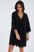 Peraluna HİROMİ DRESS %100 Pamuk 3/4 Kol Diz Hizası Yazlık Kadın Elbise - Siyah - 6