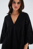 Peraluna HİROMİ DRESS %100 Pamuk 3/4 Kol Diz Hizası Yazlık Kadın Elbise - Siyah - 3