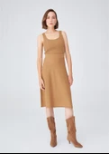 Peraluna Kloş Kesim Kaşmir Karışım Diz Altı Triko Etek - Camel thumbnail 1