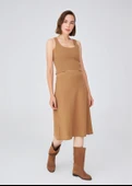 Peraluna Kloş Kesim Kaşmir Karışım Diz Altı Triko Etek - Camel thumbnail 2