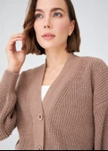 Peraluna OLIVIA CARDIGAN Selanik Örgü %100 Pamuk V Yaka Kadın Triko Hırka - Camel Melanj thumbnail 4