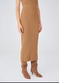 Peraluna Ribana Örgülü Kaşmir Karışımlı Yüksek Bel Kalem Kadın Triko Etek - Camel thumbnail 6