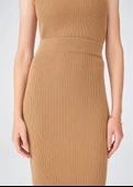 Peraluna Ribana Örgülü Kaşmir Karışımlı Yüksek Bel Kalem Kadın Triko Etek - Camel thumbnail 5