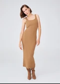 Peraluna Ribana Örgülü Kaşmir Karışımlı Yüksek Bel Kalem Kadın Triko Etek - Camel thumbnail 2