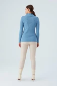 Peraluna Polo V Yaka Ribana Örgü Fit Kesim Kadın Triko Hırka - Mavi - 7