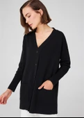 Peraluna NICOLA LONG CARDIGAN Cepli Klasik Kesim V Yaka Uzun Kadın Triko Hırka - Siyah - 3