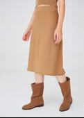 Peraluna Kloş Kesim Kaşmir Karışım Diz Altı Triko Etek - Camel thumbnail 4