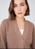 Peraluna OLIVIA CARDIGAN Selanik Örgü %100 Pamuk V Yaka Kadın Triko Hırka - Camel Melanj thumbnail 2