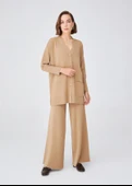 Peraluna NICOLA LONG CARDIGAN Cepli Klasik Kesim V Yaka Uzun Kadın Triko Hırka - Camel Melanj - 1