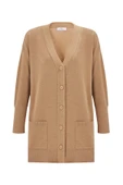 Peraluna NICOLA LONG CARDIGAN Cepli Klasik Kesim V Yaka Uzun Kadın Triko Hırka - Camel Melanj - 6