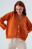 Peraluna CAROL CARDIGAN Cepli Düğmeli Rahat Kesim Crop Kadın Triko Hırka - Turuncu - 5