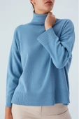 Peraluna Balıkçı Yaka Boğazlı Bol Kesim Kadın Triko Kazak - Mavi - 3