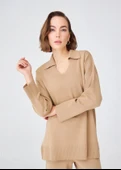 Peraluna Polo V Yaka Bol Kesim Kadın Triko Kazak - Camel Melanj - 2