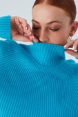 Peraluna Fit Kalıp Balıkçı Yaka Kaşmir Karışım Kadın Triko Kazak - Turkuaz - 3