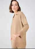 Peraluna Polo V Yaka Bol Kesim Kadın Triko Kazak - Camel Melanj - 5