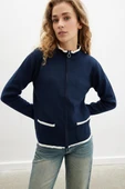 Peraluna SUMMER CARDIGAN Fermuarlı Cepli Organik Pamuk Çelik Örgü Yazlık Kadın Triko Hırka - Lacivert - 1