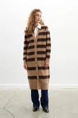 Peraluna BEATRICE LONG CARDIGAN Çizgili V Yaka Uzun Kadın Triko Hırka - Camel - 2