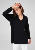 Peraluna Polo V Yaka Bol Kesim Kadın Triko Kazak - Siyah thumbnail 3