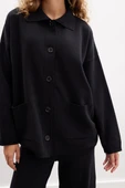 Peraluna DENISE CARDIGAN Polo Yaka Geniş Kesim Pamuk-Yün Kadın Triko Hırka - Siyah - 3
