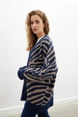 Peraluna ZEBRA CARDIGAN V Yaka Zebra Desen Organik Pamuk-Yün Karışım Geniş Kesim Kadın Triko Hırka - Lacivert - 3