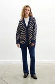 Peraluna ZEBRA CARDIGAN V Yaka Zebra Desen Organik Pamuk-Yün Karışım Geniş Kesim Kadın Triko Hırka - Lacivert - 1