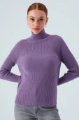 Peraluna Fit Kalıp Balıkçı Yaka Kaşmir Karışım Kadın Triko Kazak - Koyu Lila thumbnail 2